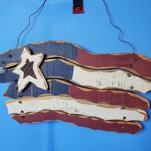 COOL Primitive Hanging Wooden American Flag USA Wall Decor Farmhouse Wood